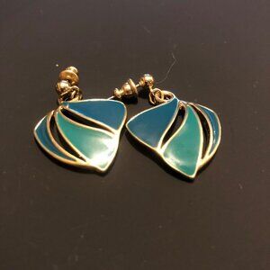 Trifari Pierced Earrings Gold Green Enamel Triangles 80s VTG Signed